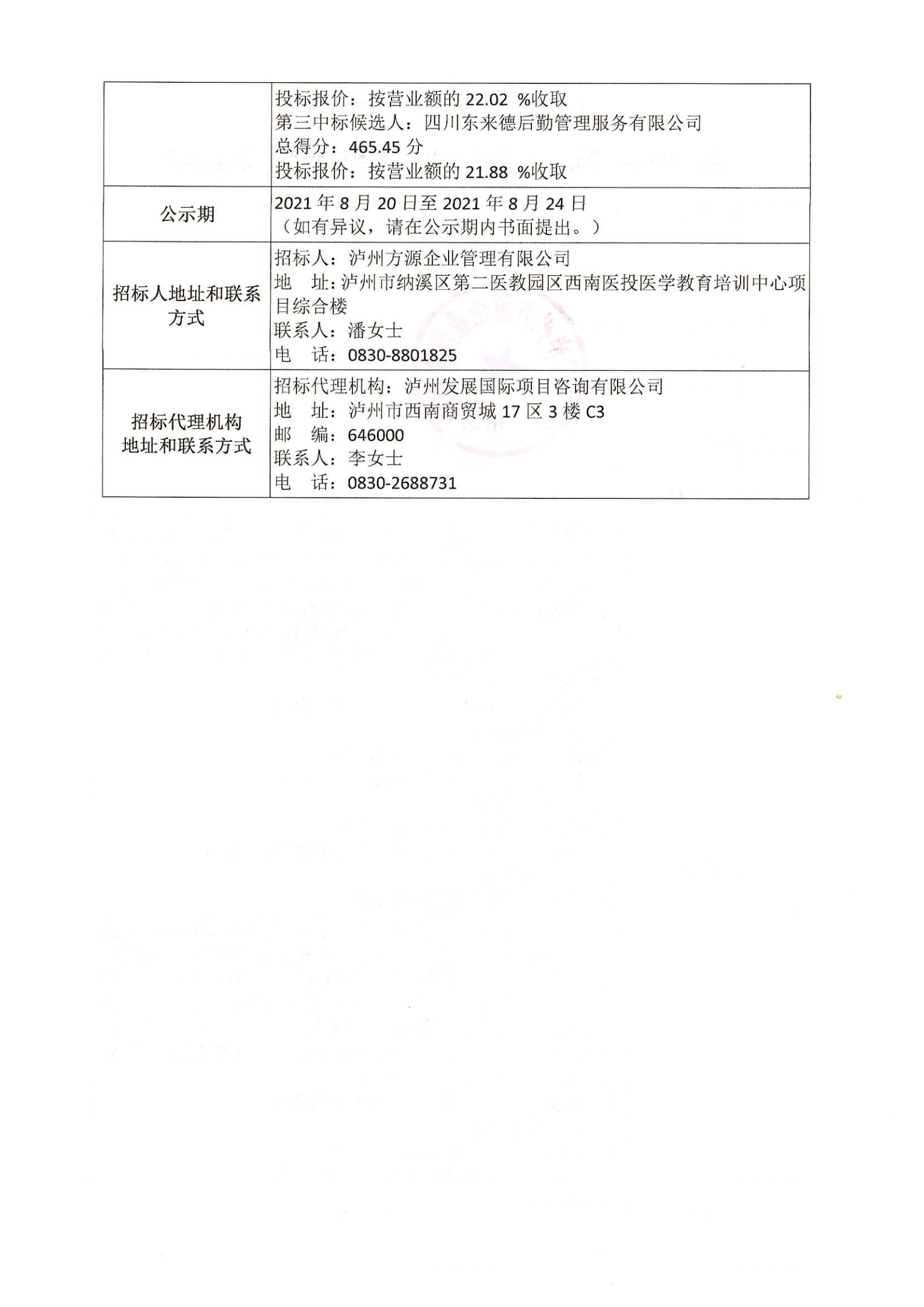 瀘州方源企業(yè)管理有限公司-西南醫(yī)投醫(yī)學教育培訓中心食堂勞務(wù)服務(wù)評審情況公示_01.png